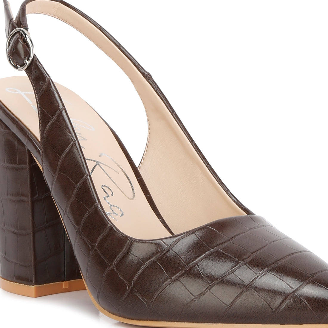 macha croc texture sling back heels#color_brown