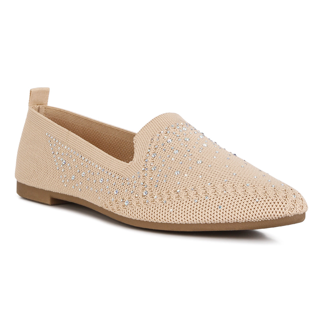 rhinestone embellished pull tab loafers#color_beige