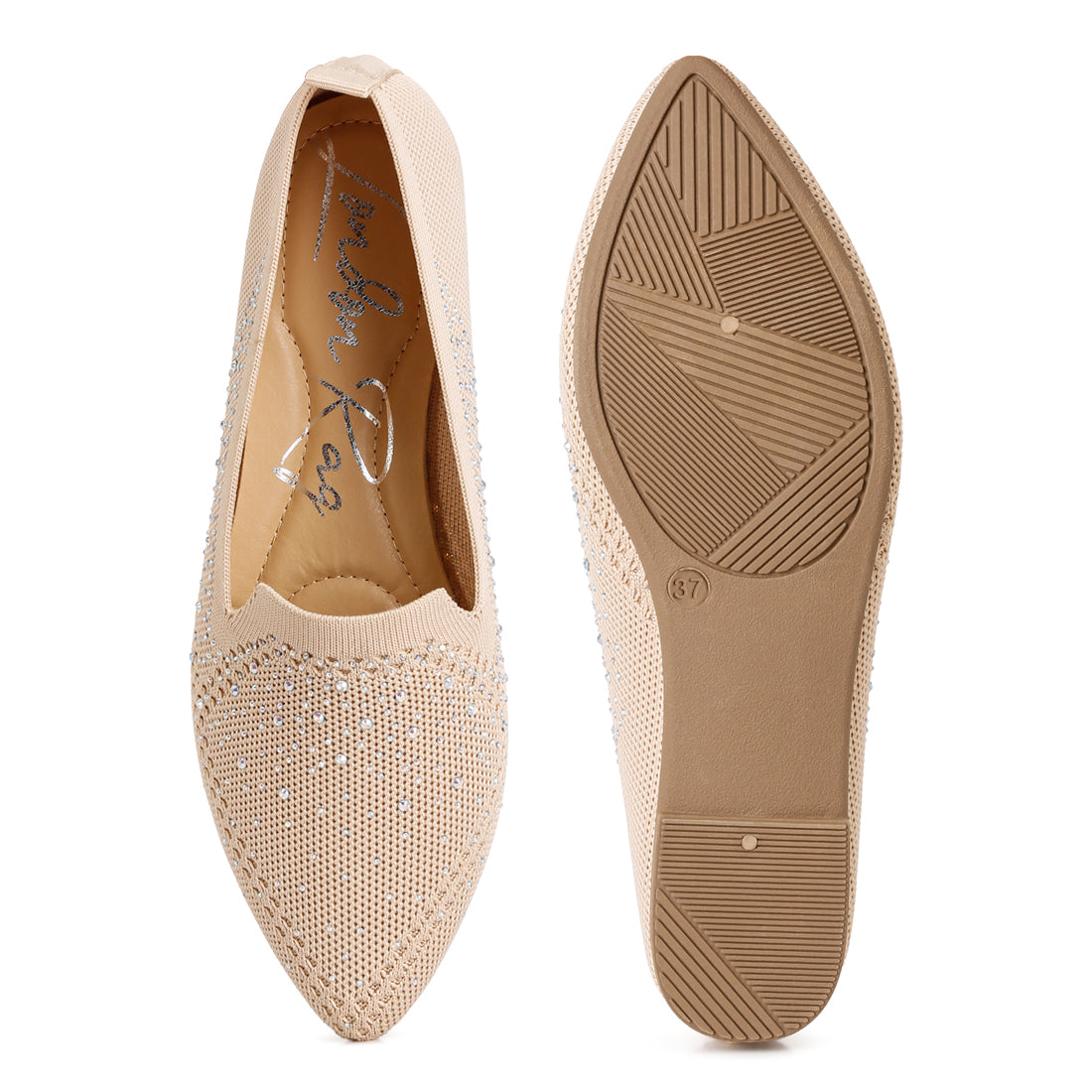 rhinestone embellished pull tab loafers#color_beige