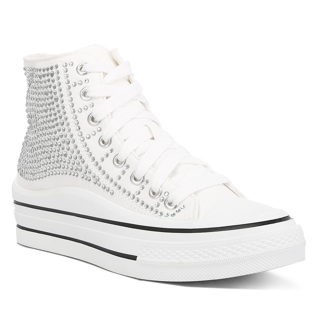 rhinestone embellished ankle length sneakers#color_white