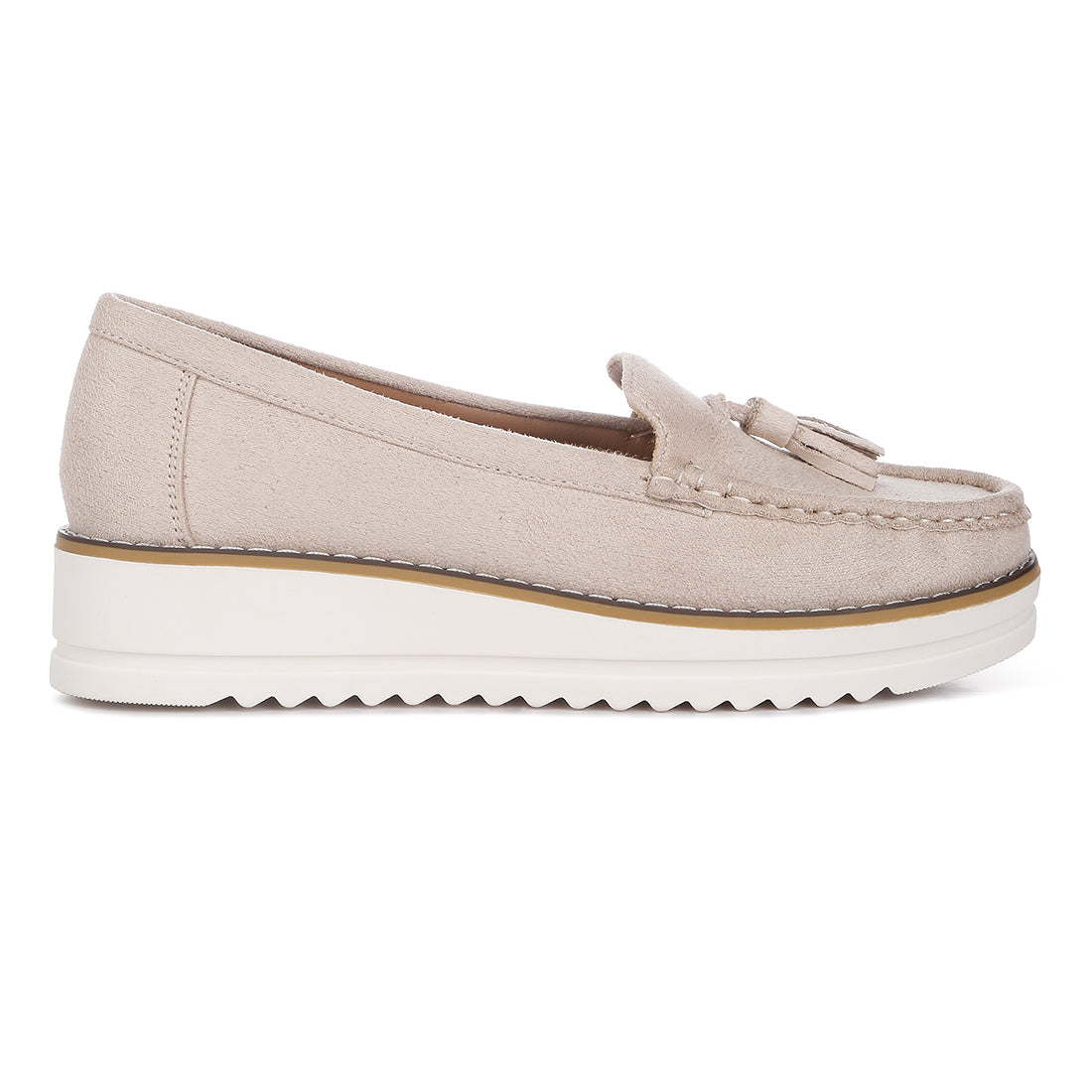 platform lug sole tassel loafers#color_beige