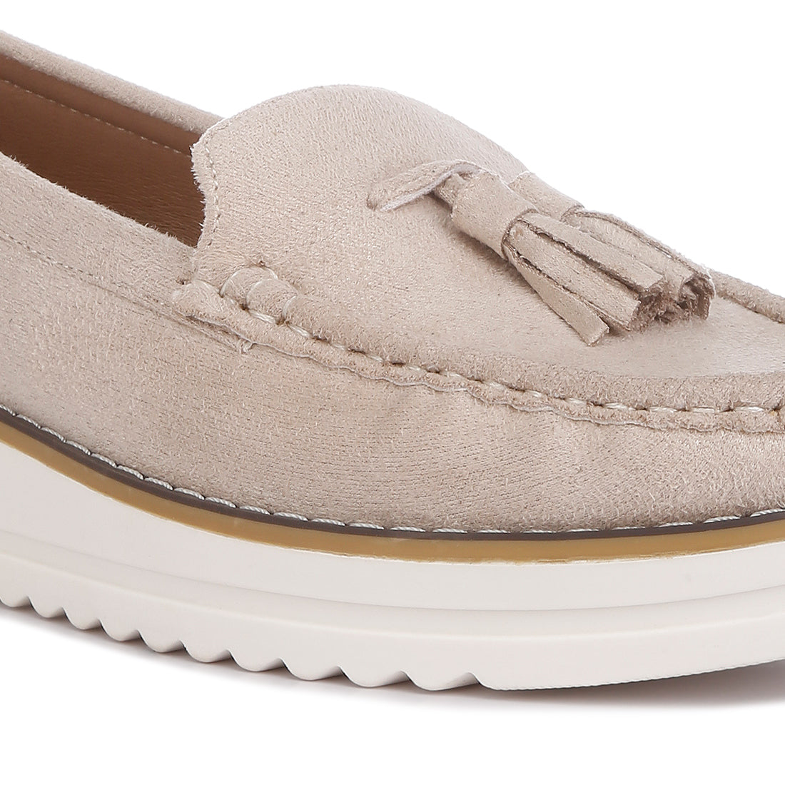 platform lug sole tassel loafers#color_beige