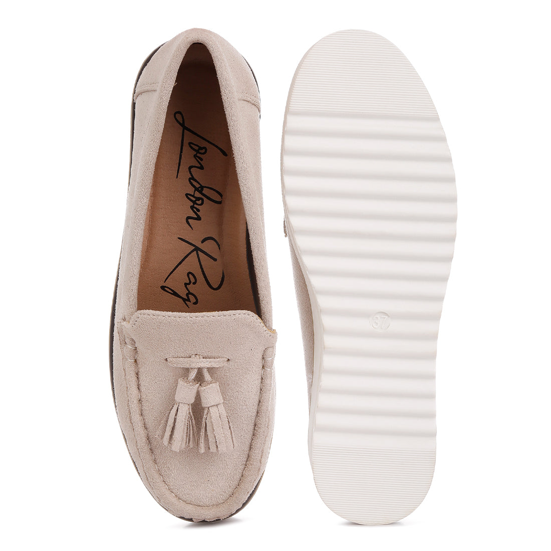 platform lug sole tassel loafers#color_beige