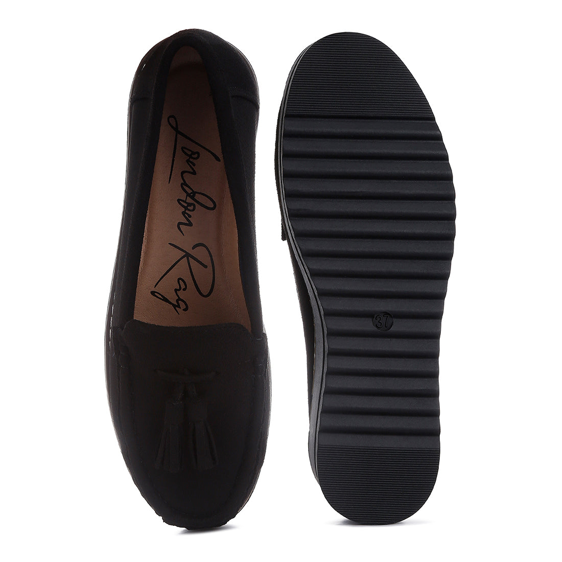 platform lug sole tassel loafers#color_black
