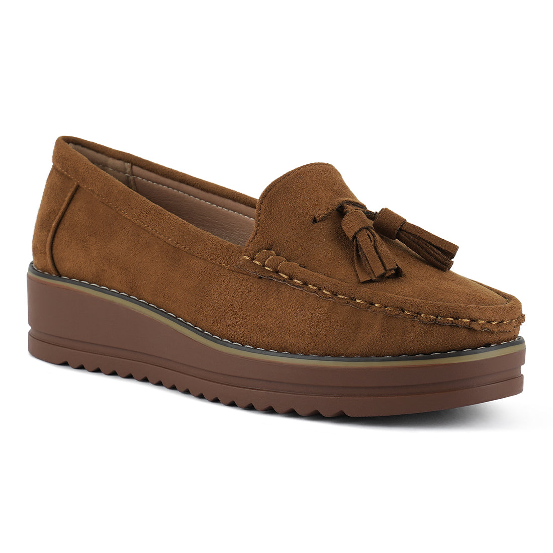 platform lug sole tassel loafers#color_tan