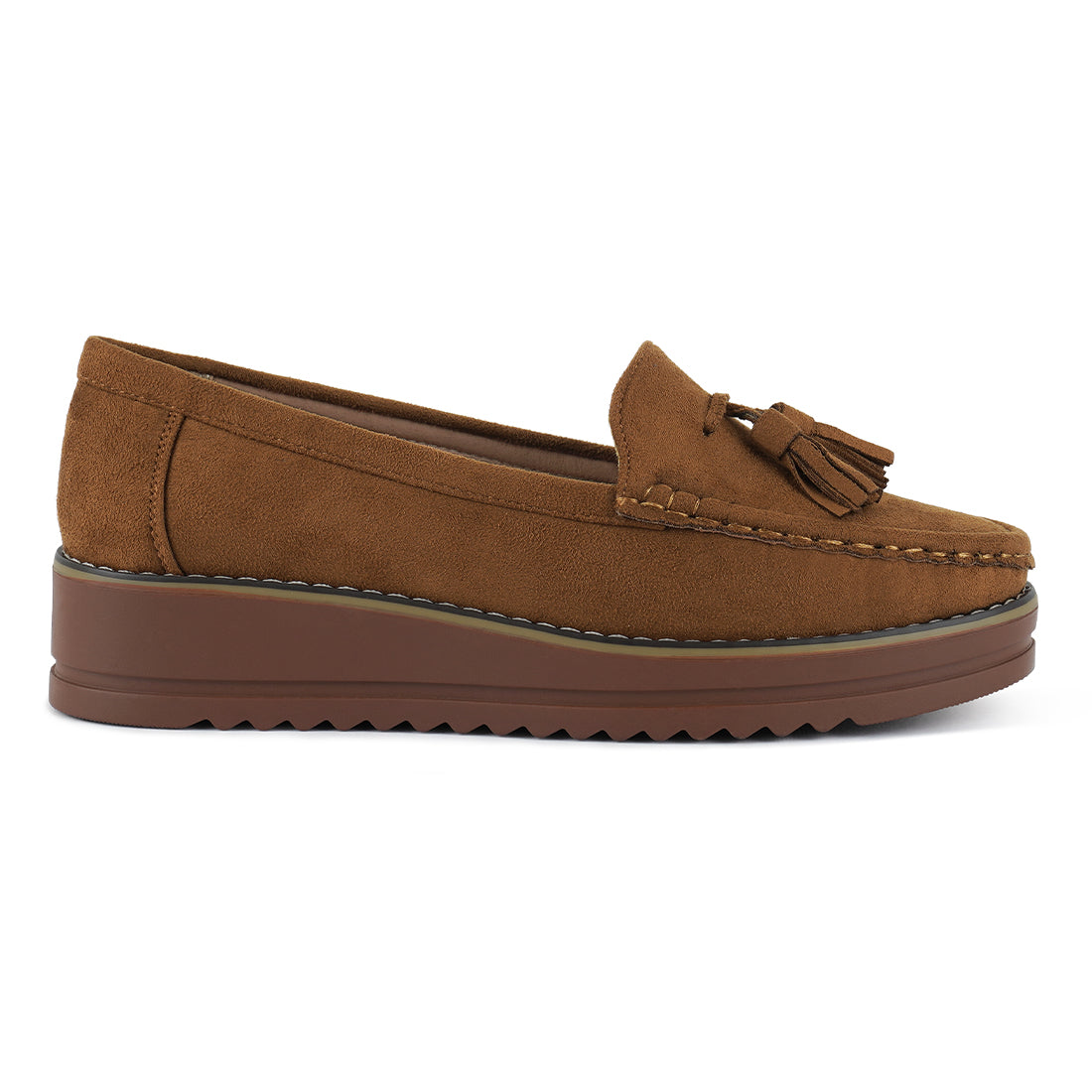 platform lug sole tassel loafers#color_tan