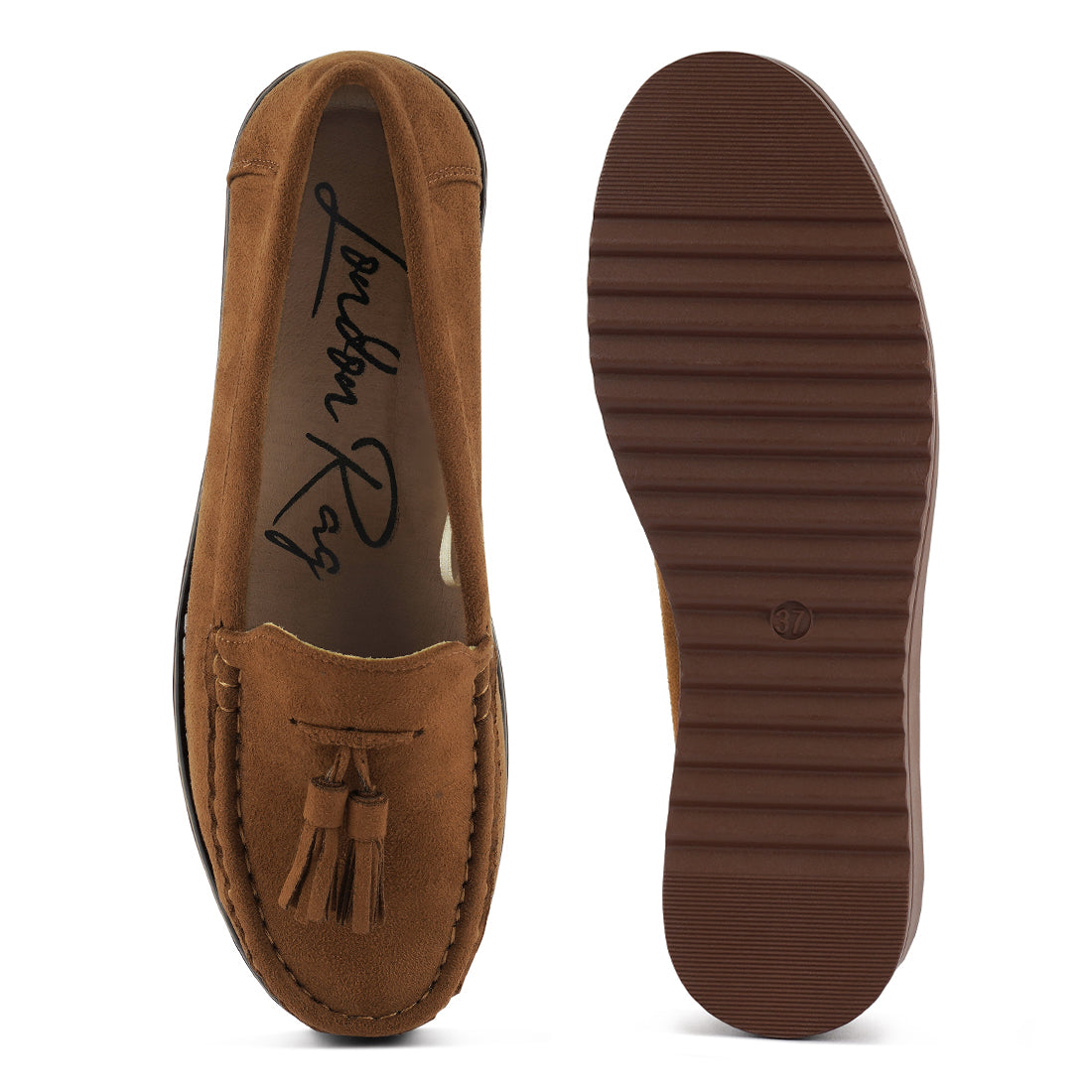 platform lug sole tassel loafers#color_tan