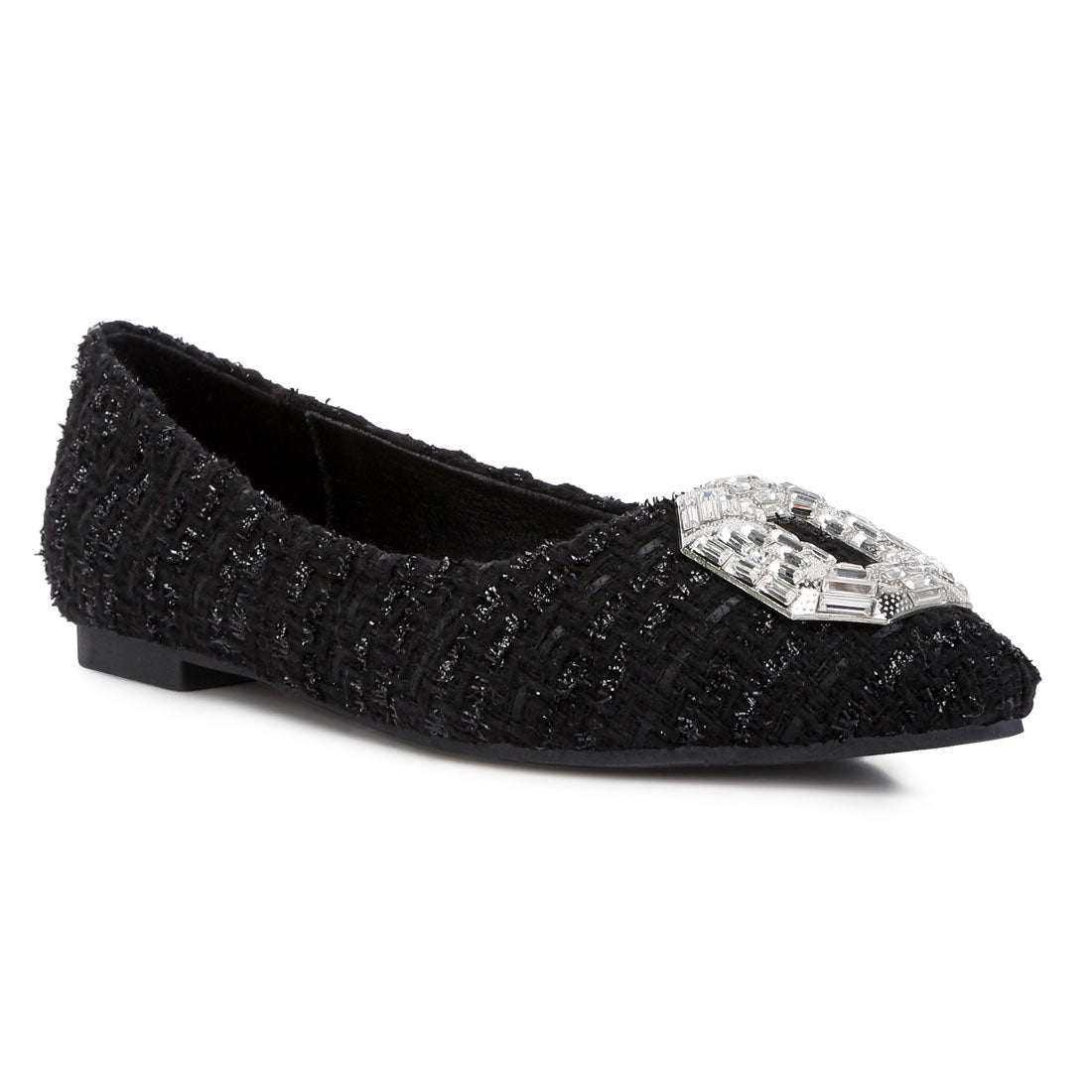 aria embellished jewel buckle tweed ballet flats#color_black
