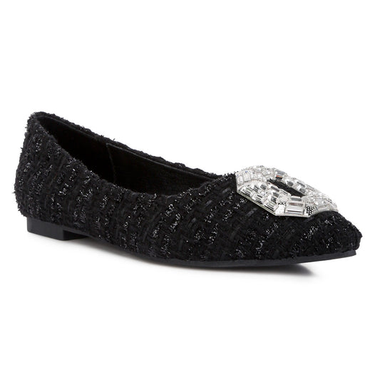 aria embellished jewel buckle tweed ballet flats#color_black
