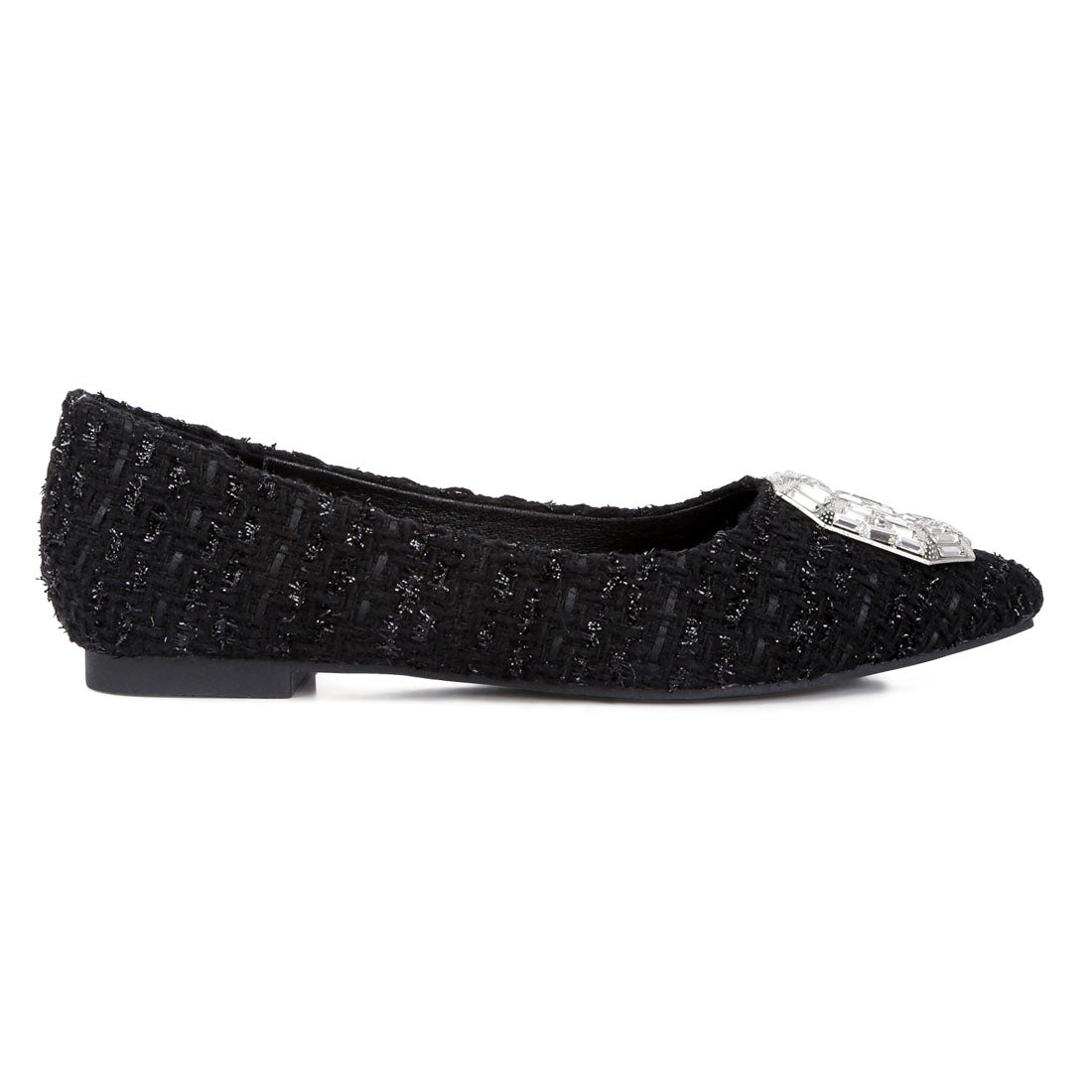 aria embellished jewel buckle tweed ballet flats#color_black