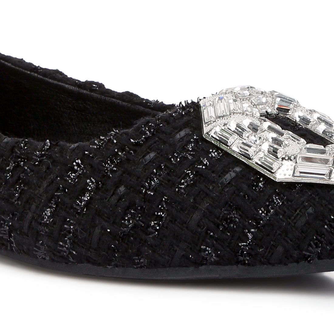 aria embellished jewel buckle tweed ballet flats#color_black