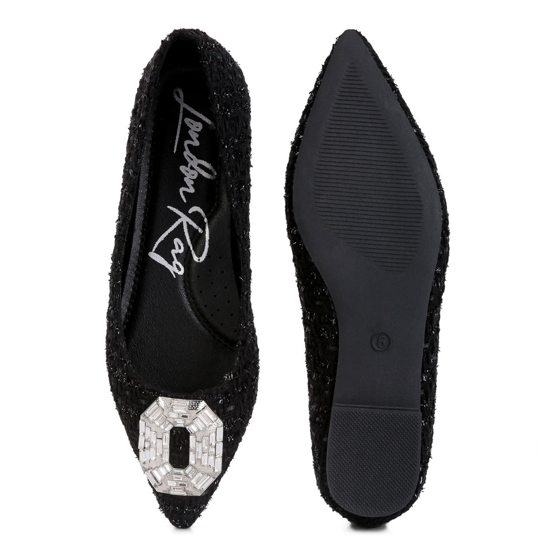 aria embellished jewel buckle tweed ballet flats#color_black