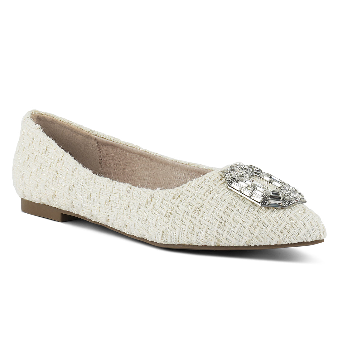 aria embellished jewel buckle tweed ballet flats#color_off-white