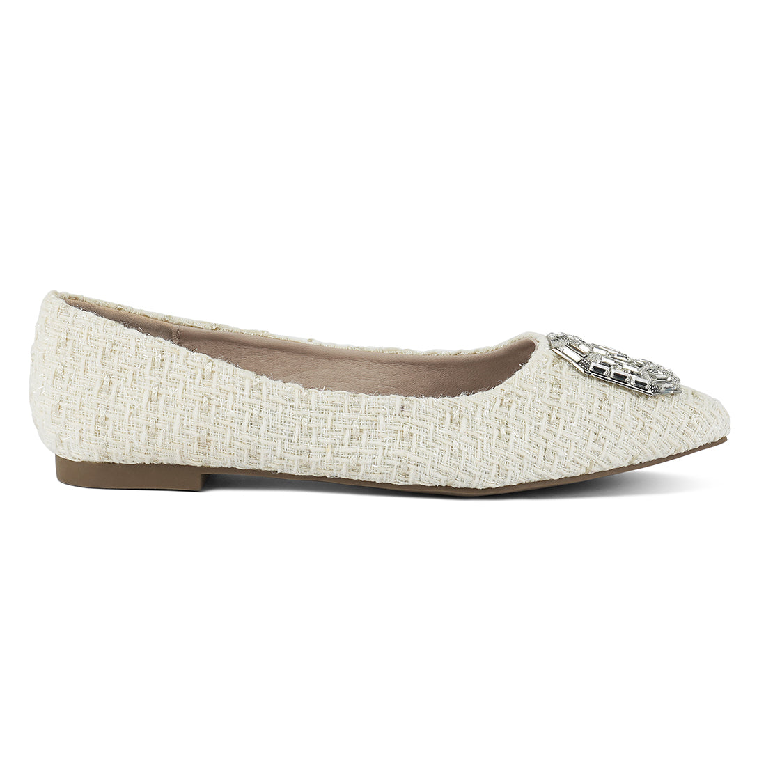 aria embellished jewel buckle tweed ballet flats#color_off-white