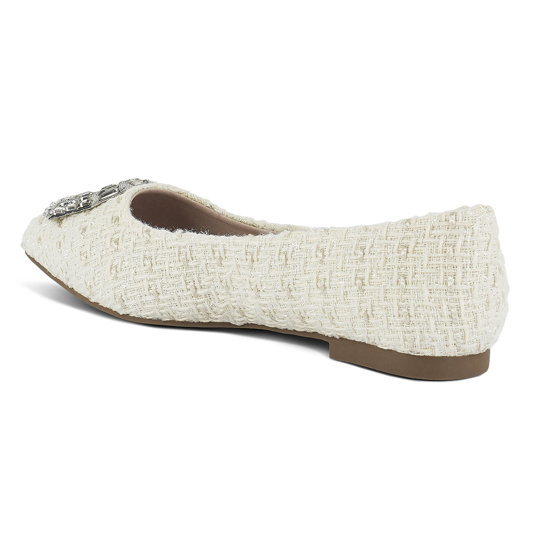 aria embellished jewel buckle tweed ballet flats#color_off-white