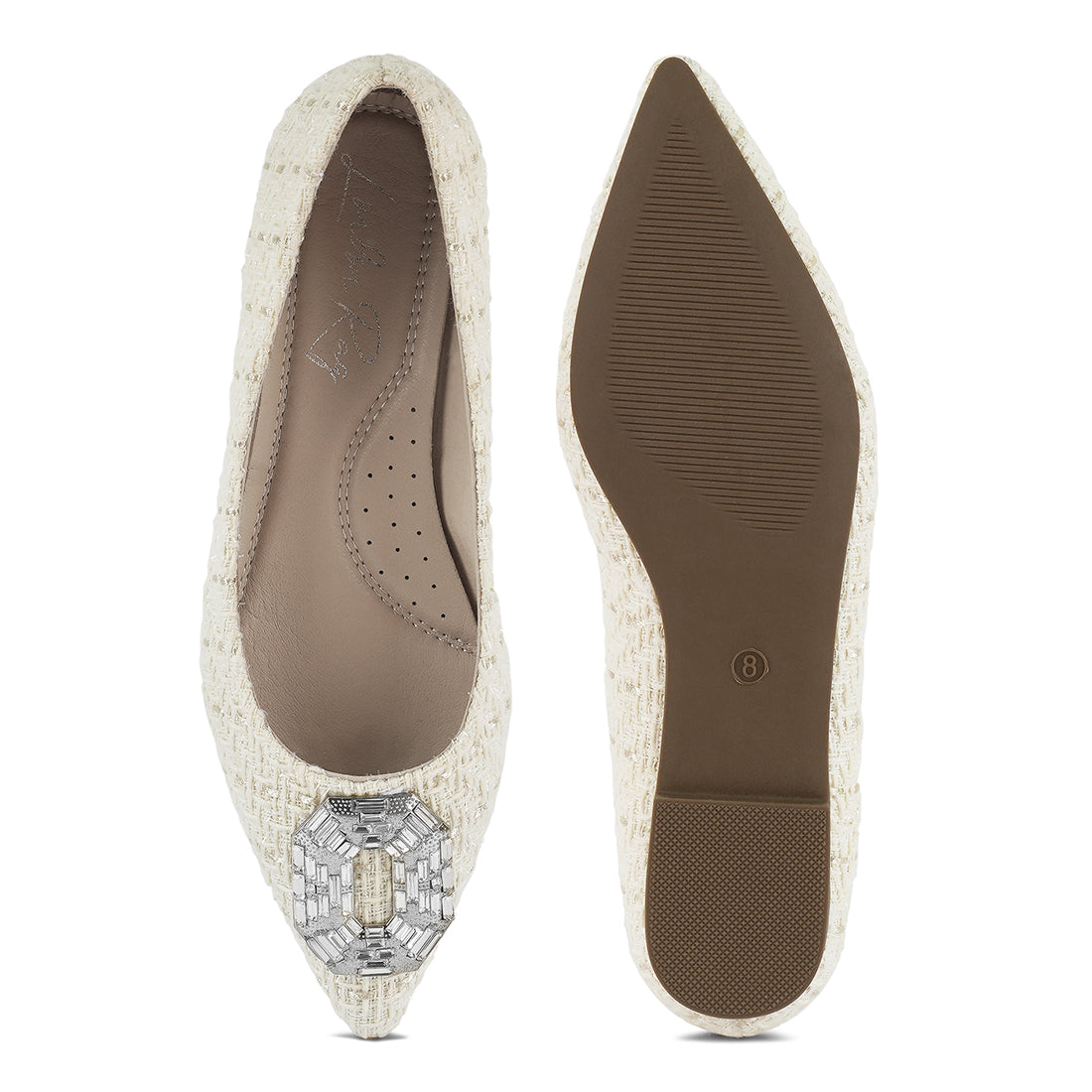 aria embellished jewel buckle tweed ballet flats#color_off-white