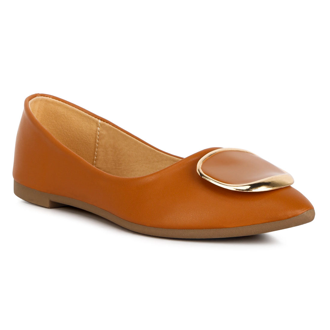 brooch detail ballet flats#color_tan