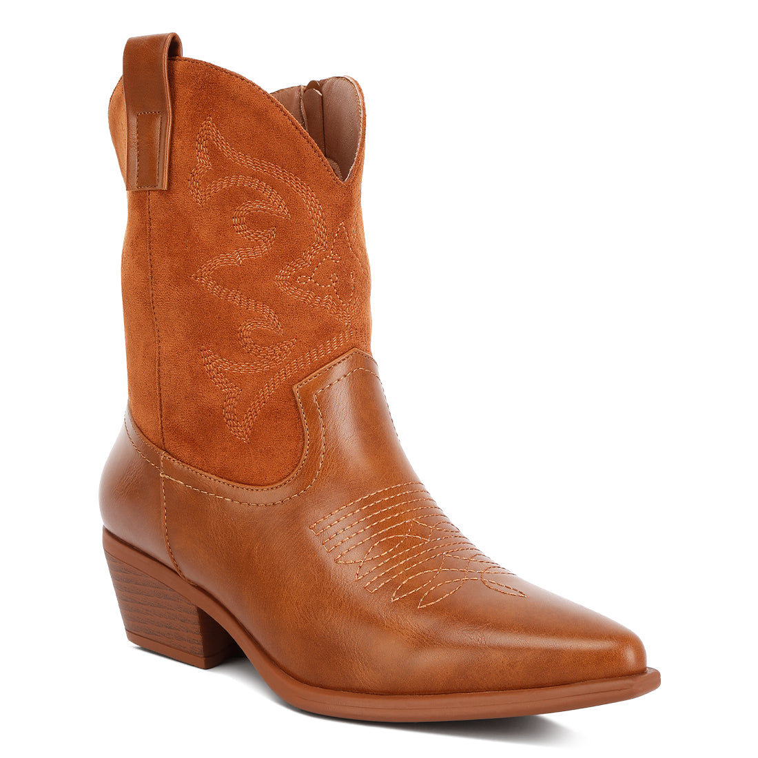 patchwork detail low heel cowboy boots#color_tan
