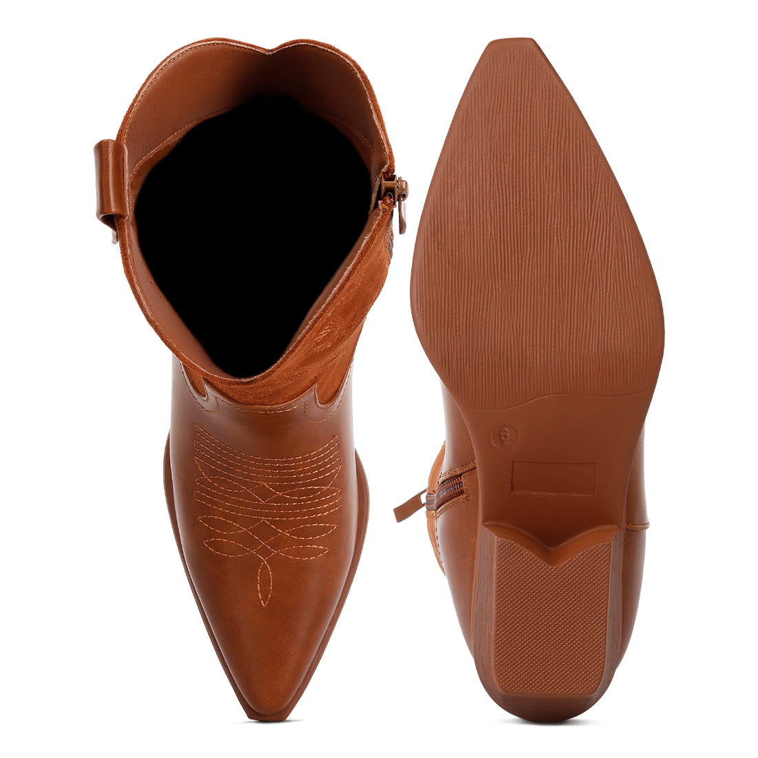 patchwork detail low heel cowboy boots#color_tan