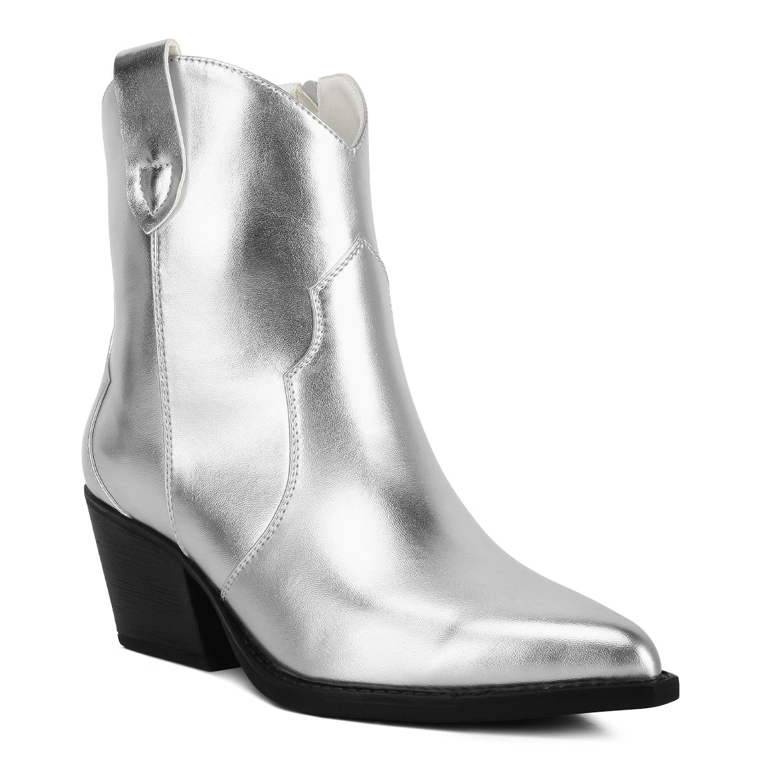 patchwork detail low stacked block heel boots#color_silver