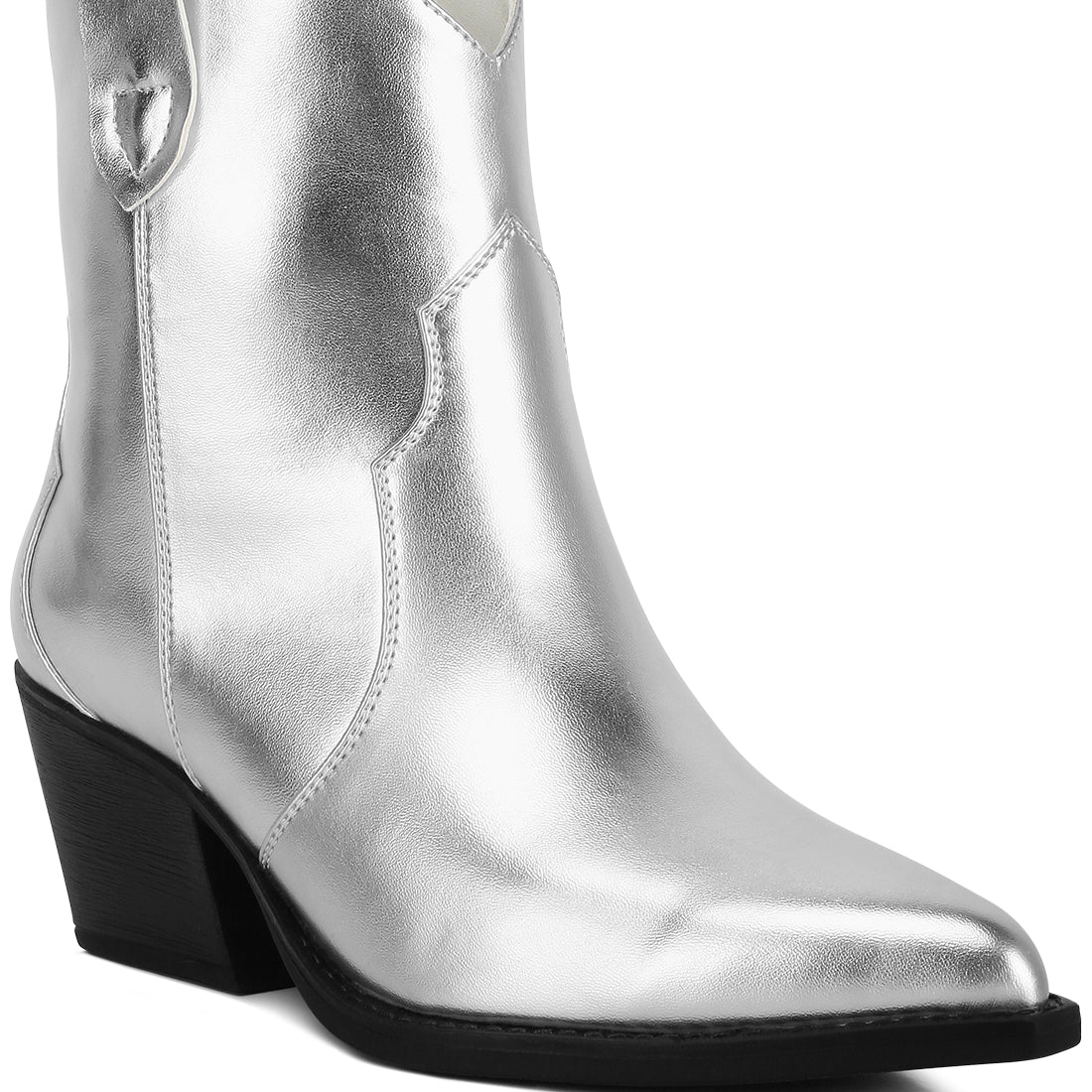 patchwork detail low stacked block heel boots#color_silver