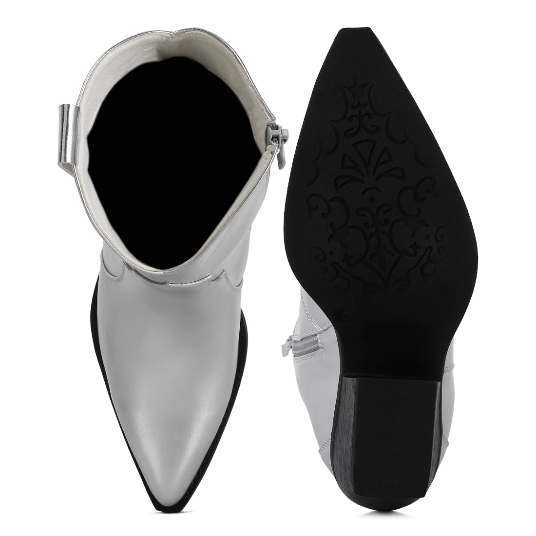 patchwork detail low stacked block heel boots#color_silver