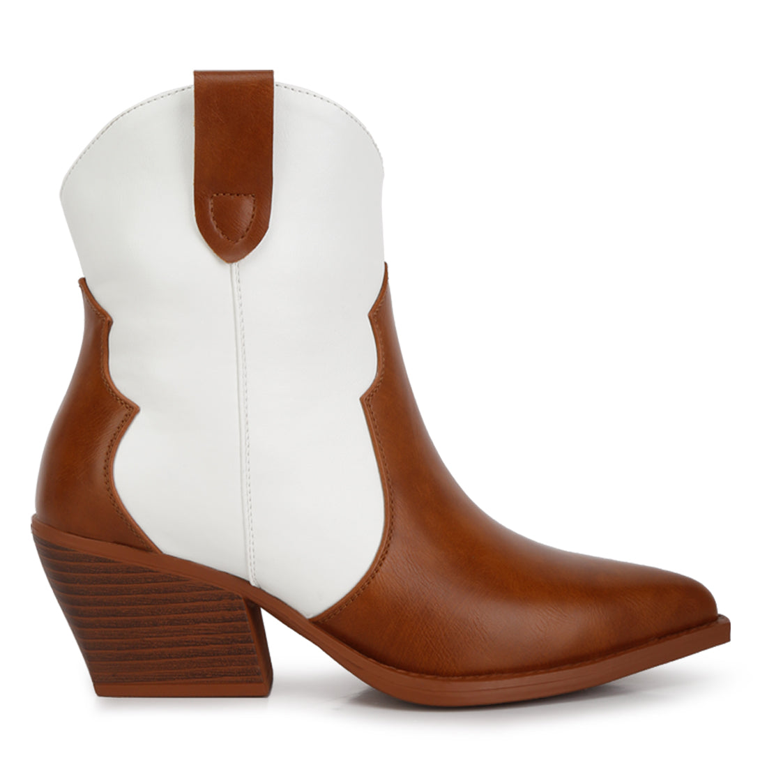 patchwork detail low stacked block heel boots#color_tan