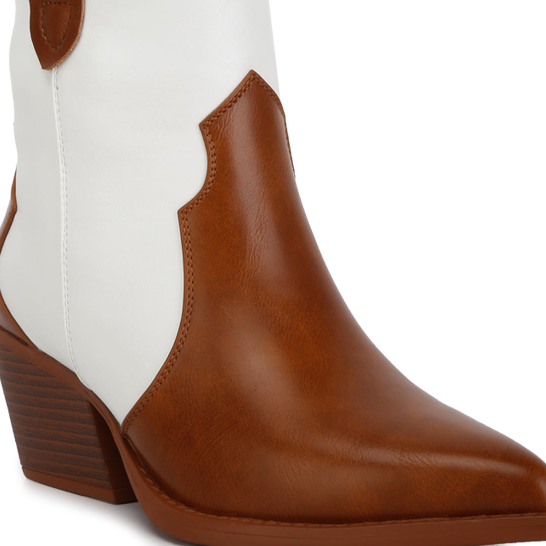 patchwork detail low stacked block heel boots#color_tan