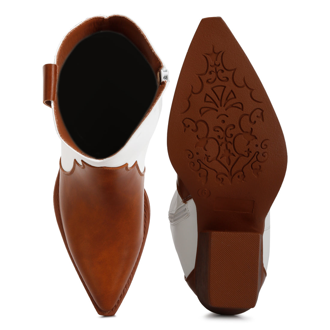 patchwork detail low stacked block heel boots#color_tan