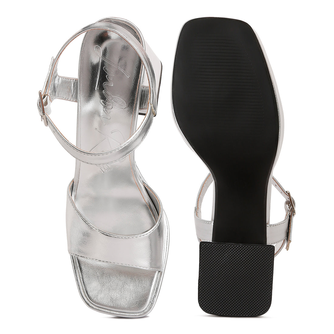 metallic block heel sandals#color_silver
