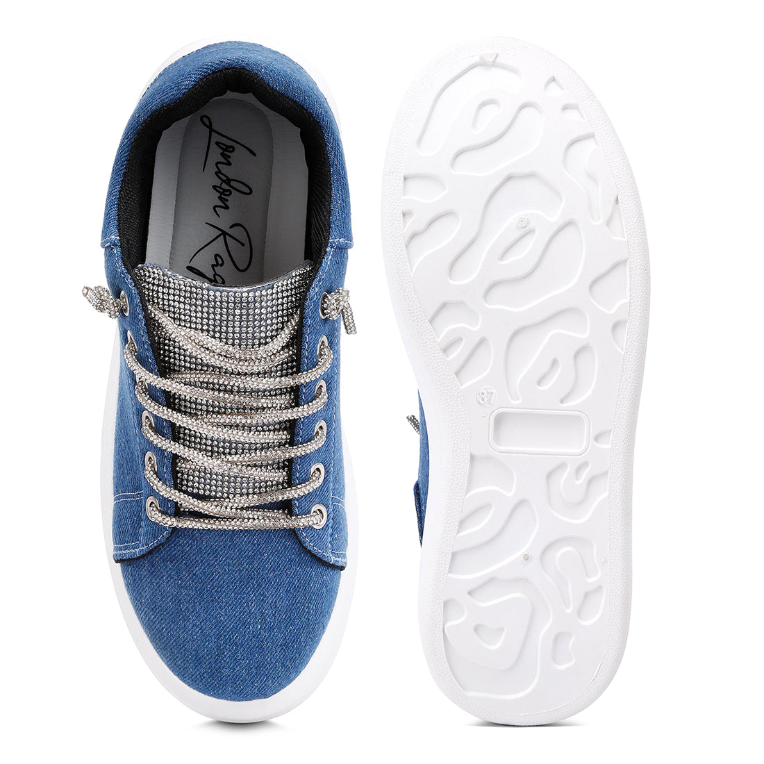 rhinestone embellished denim sneakers