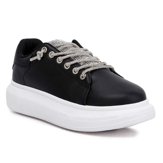 rhinestones lace up sneakers#color_black