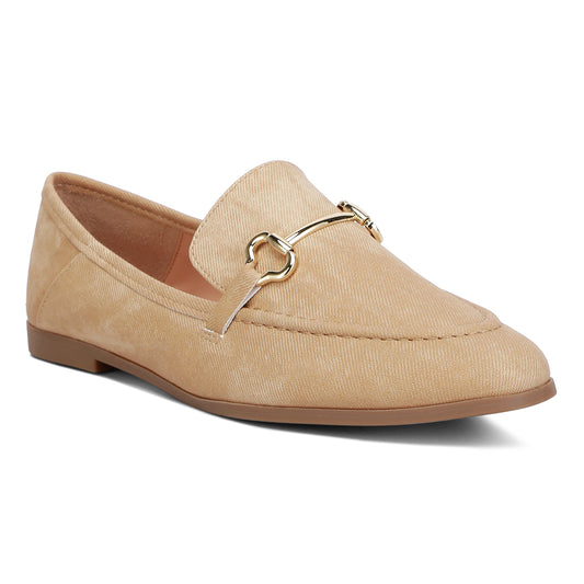 horsebit embellished canvas loafers#color_beige