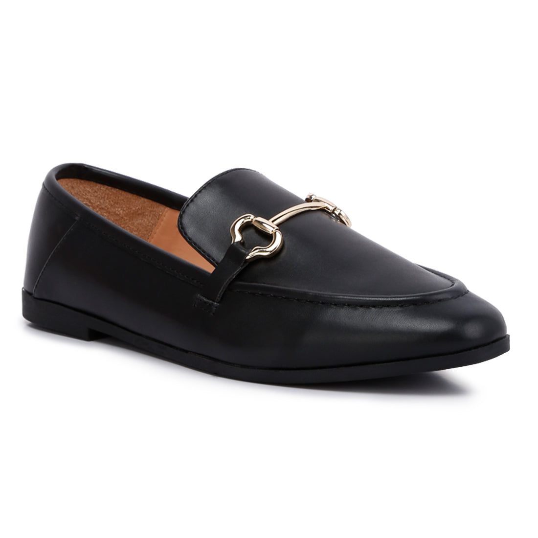 horsebit embellished faux leather loafers#color_black