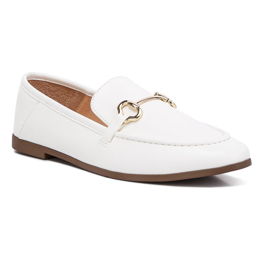 horsebit embellished faux leather loafers#color_white