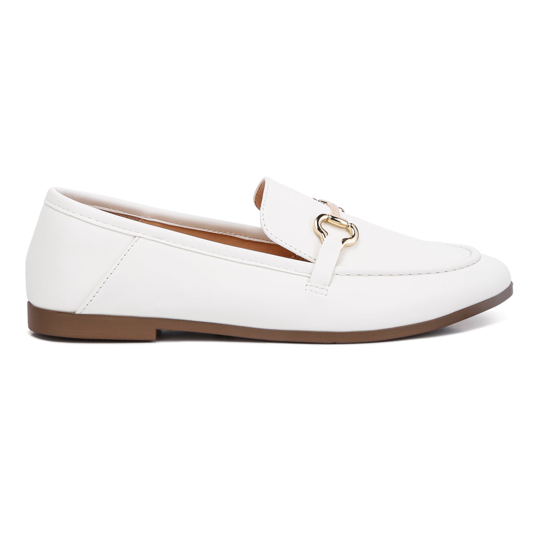 horsebit embellished faux leather loafers#color_white