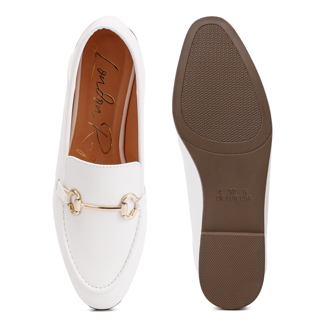 horsebit embellished faux leather loafers#color_white