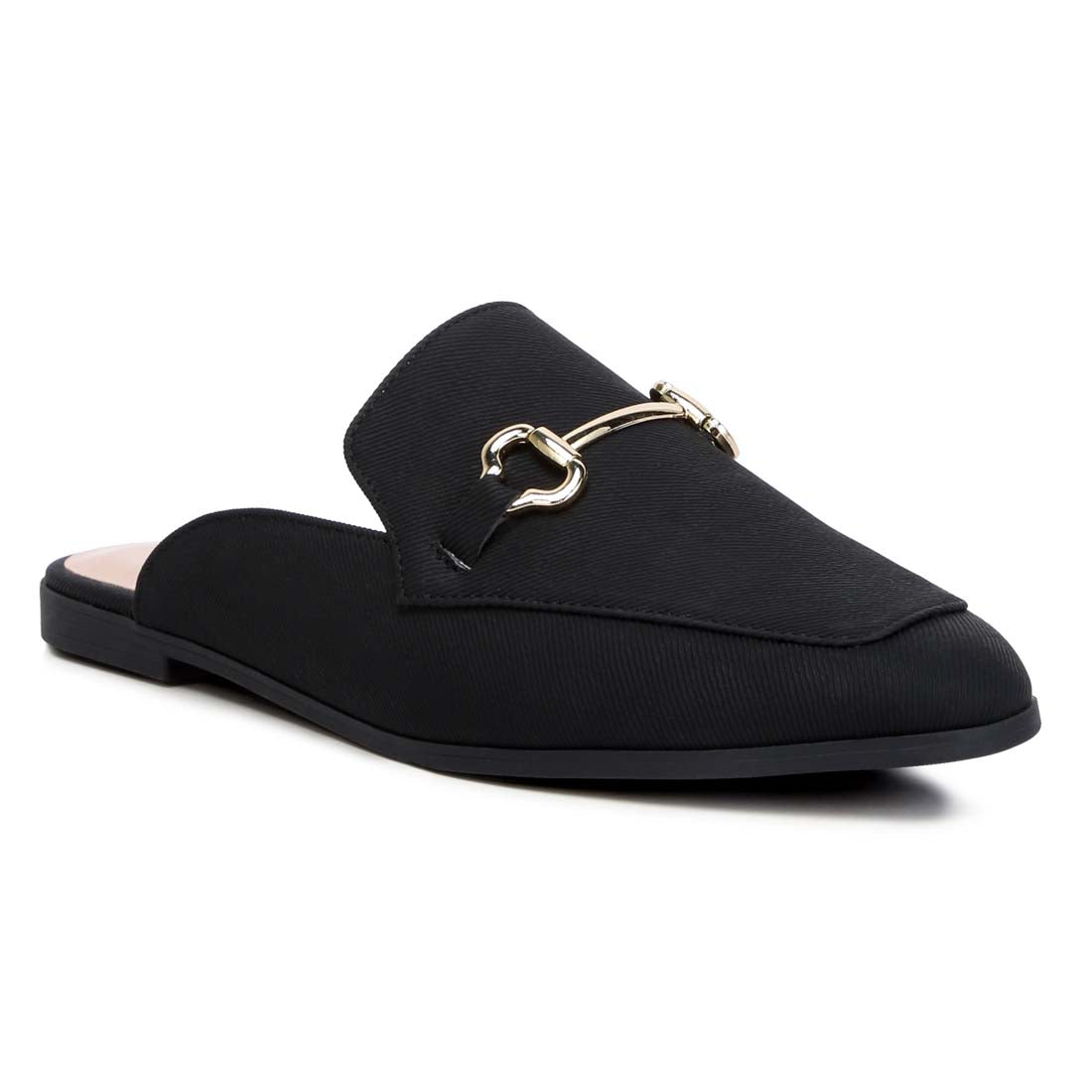 horsebit embellishment slip on mules#color_black