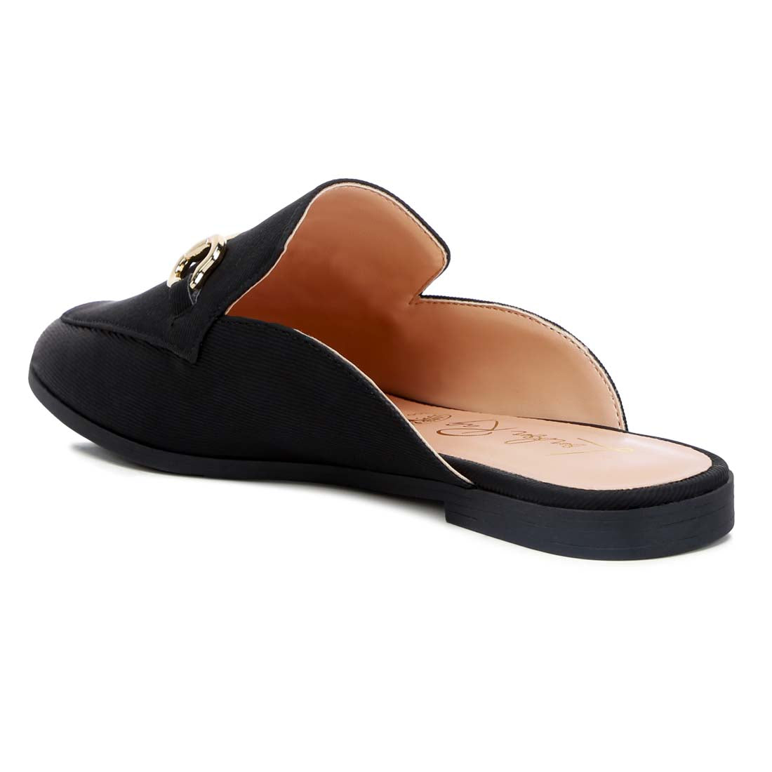 horsebit embellishment slip on mules#color_black