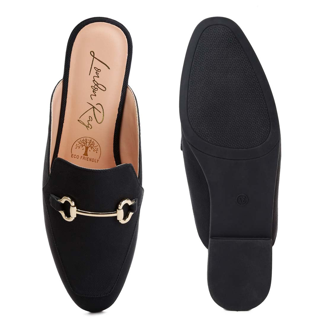 horsebit embellishment slip on mules#color_black