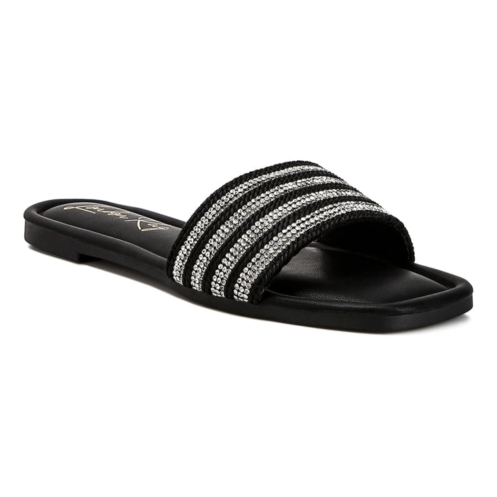 striped slip on flats#color_black