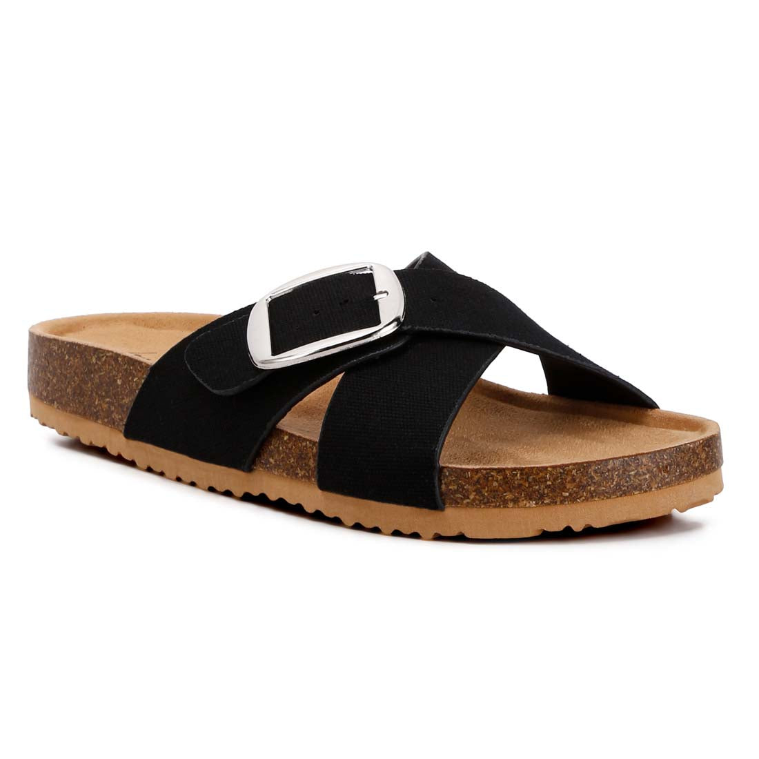 buckle slip on sandals#color_black