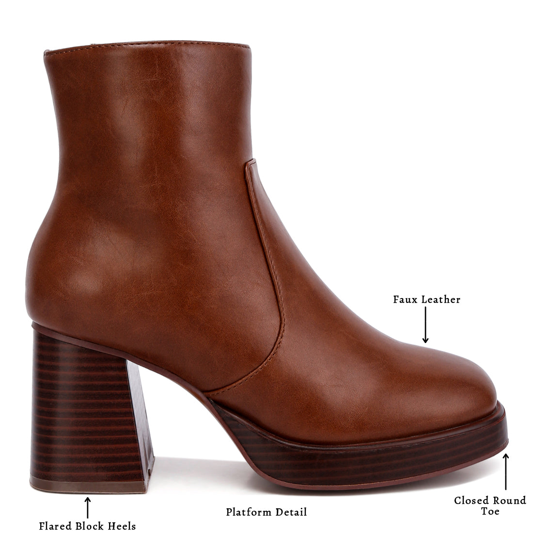 faux leather side zipper closure boots#color_brown