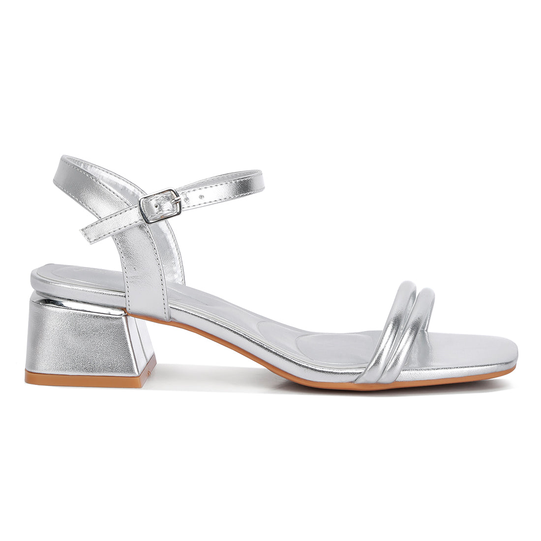 metallic ankle strap low block heels#color_silver