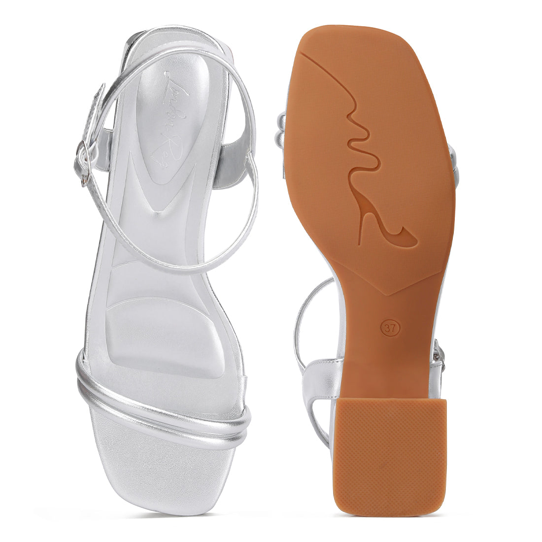 metallic ankle strap low block heels#color_silver