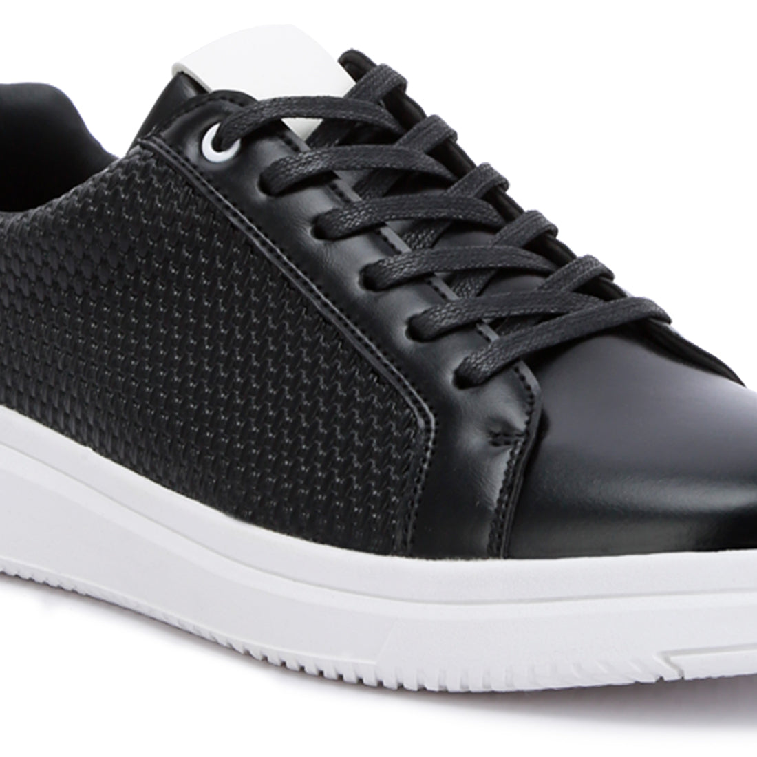 faux leather embossed lace-up sneakers#color_black