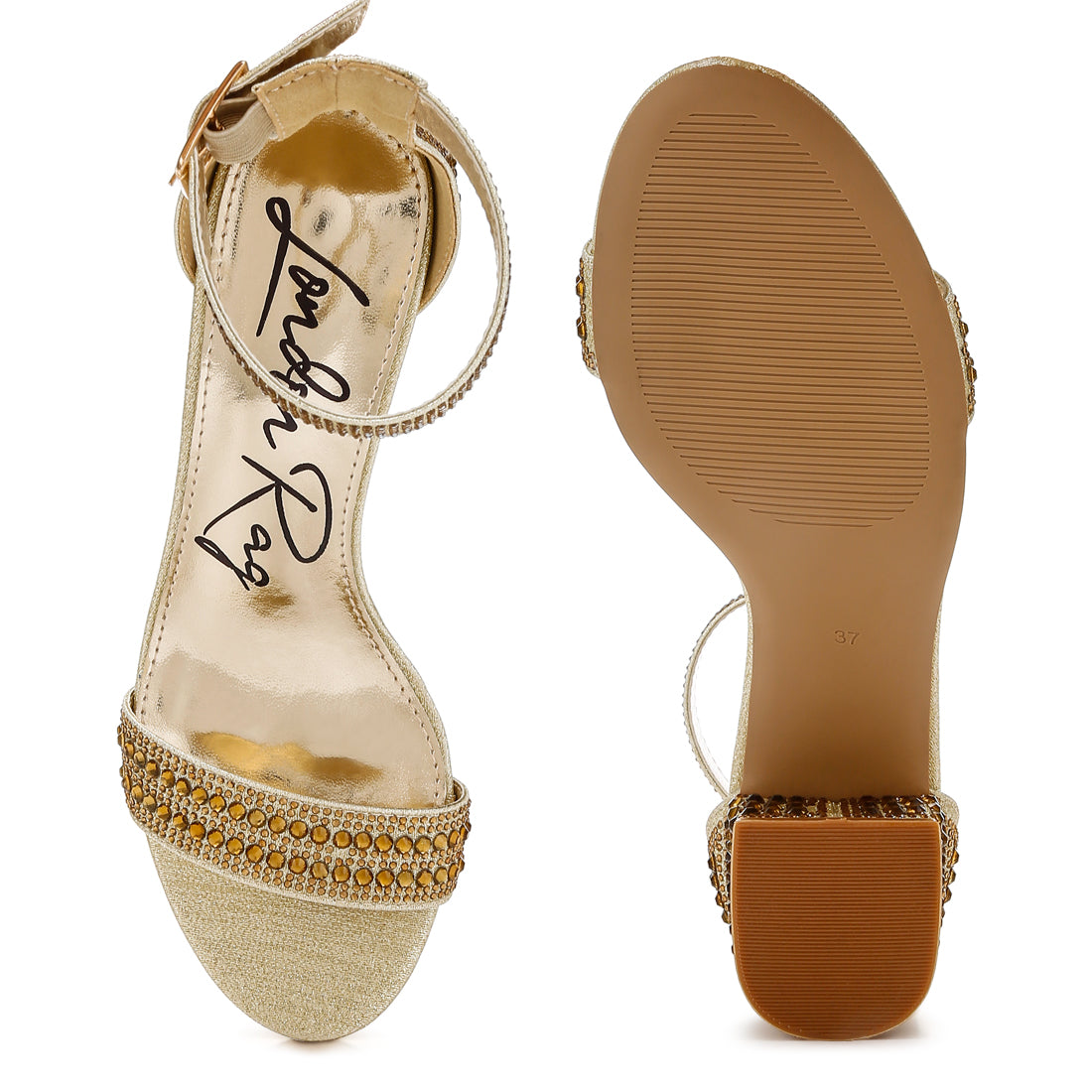 rhinestones embellished block sandals#color_gold