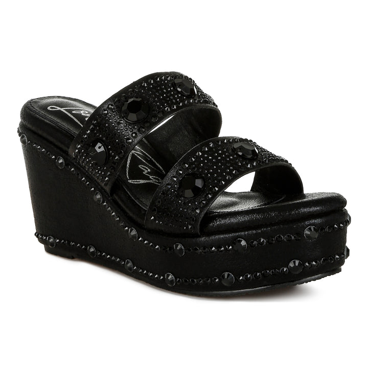 rhinestone & diamante wedge sandals#color_black