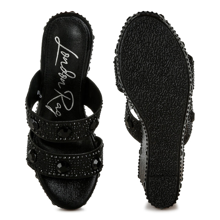 rhinestone & diamante wedge sandals#color_black