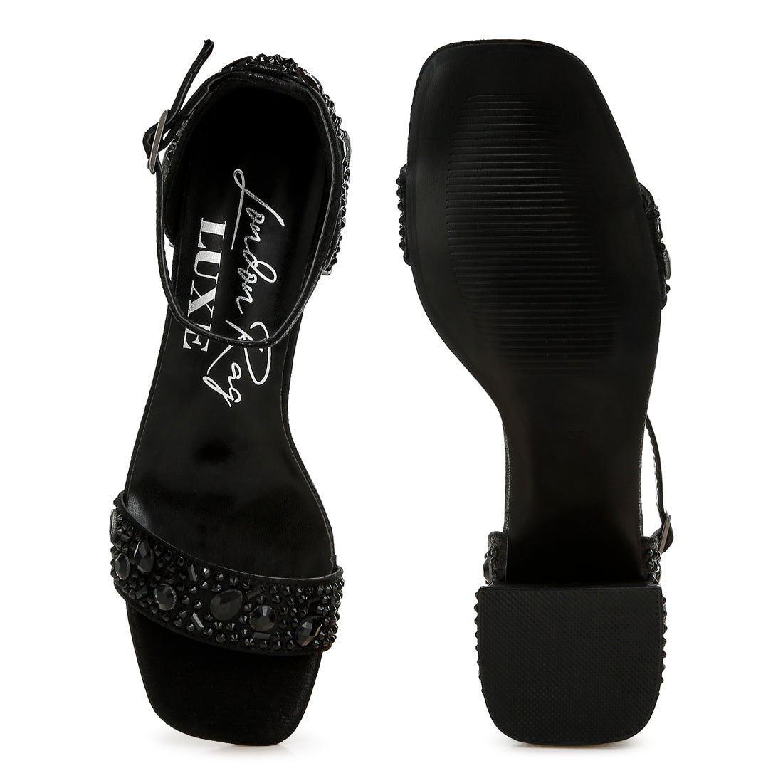 rhinestone embellished shimmer sandals#color_black